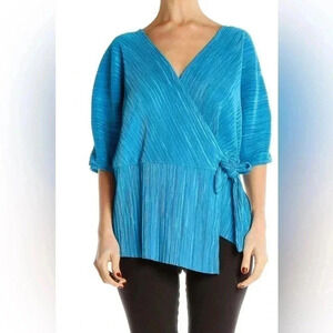 Halogen Blue Textured Wrap Blouse Polyester Size Medium